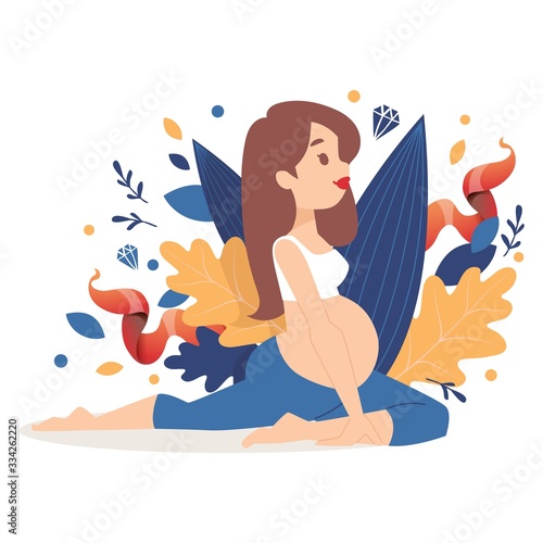 Yoga for pregnant women, female character stretch, late gestation period, isolated on white, flat vector illustration. Healthy sport for girl, children, concept banner mother wholesome.