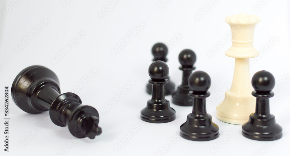 White queen and black pawn chess with white background White queen and black pawn chess with white background