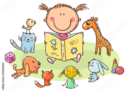 Little girl reading to toys or playing school, cartoon illustration