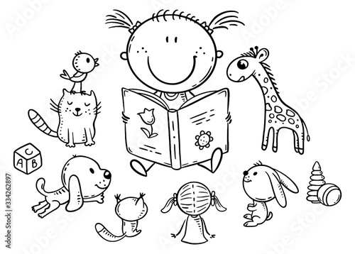 Little girl reading to toys or playing school, coloring page