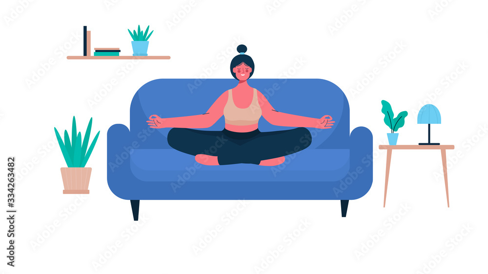Obraz premium Woman with closed eyes sitting cross legged on chair meditating in room or apartment. Meditation, relaxation at home, yoga. health benefits for body, mind, emotions. Flat cartoon vector illustration.
