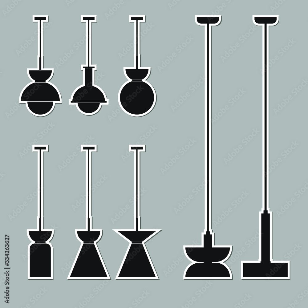 Naklejka premium Interior furniture stickers. Ceiling lamp icon set. Silhouette ceiling lamps light for home appliance indoor furniture. Vector stock illustration of pendants. Black vector lamps isolated on white.