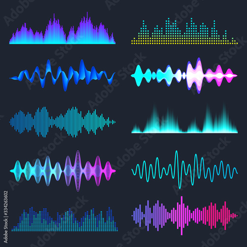 Colored sound waves collection. Analog and digital audio signal. Music equalizer. Interference voice recording. High frequency radio wave. Vector illustration.