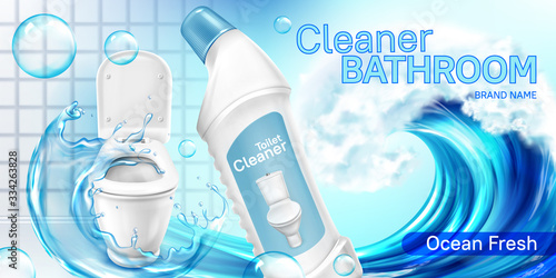 Toilet cleaner bottle in water wave. Vector realistic brand poster with detergent product for bathroom cleaning, liquid bleach for toilet bowl with sea fragrance. Promo banner, advertising background