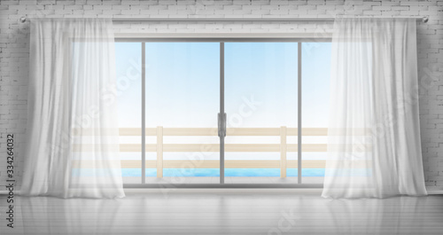 Glass windows with white silk curtains, brick walls and overlooking to sea. Vector realistic interior of empty room in home or hotel with glass doors to balcony, terrace with wooden railings