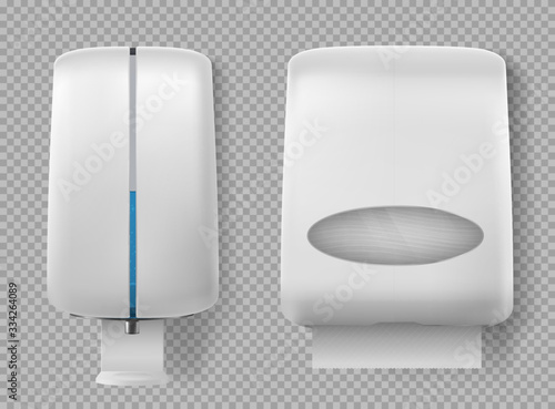 Wall dispenser for antibacterial soap, liquid coronavirus antiseptic and paper. Pump and automatic lather containers for bath or toilet room set isolated on transparent background, Realistic 3d vector