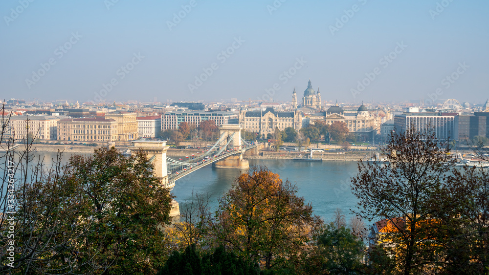 View at St Stephen Basilica and bridge over Danube river