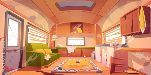 Old dirty interior of camper with broken furniture. Vector cartoon illustration of abandoned camping van with mess, crack in floor, torn couch, trash and spiderweb. Empty living room in trailer car