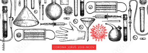 Corona virus research and prevention methods banner. Coronavirus hand drawn design. COVID-19 background with laboratory equipment, medicinal tools, realistic virus drawings. Medical vector template.