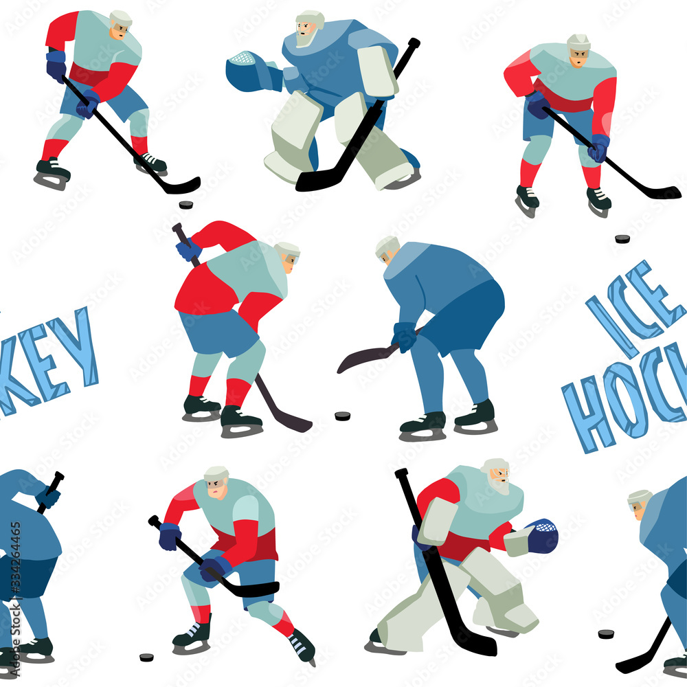 Fototapeta premium Ice Hockey seamless hand drawn pattern players and lettering.