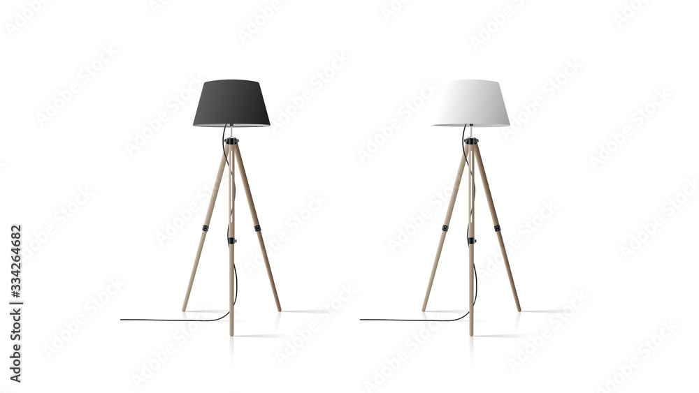 Set Decorative floor lamp tripod. Original model with a silk lampshade and wooden legs. For living room, bedroom, study and office. Vector illustration on a white background. Set Decorative floor lamp tripod. Original model with a silk lampshade and wooden legs. For living room, bedroom, study and office. Vector illustration on a white background.