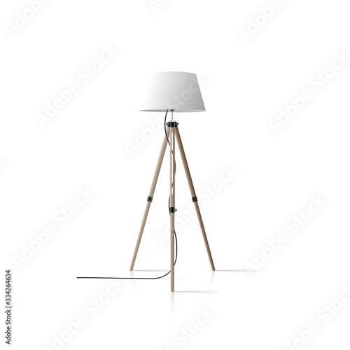 Decorative floor lamp tripod. Original model with a white silk lampshade and wooden legs. For living room, bedroom, study and office. Vector illustration on a white background.