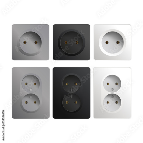 Big set of sockets isolated on a white background. Realistic black, white and gray rosette. Interior design element. Vector illustration
