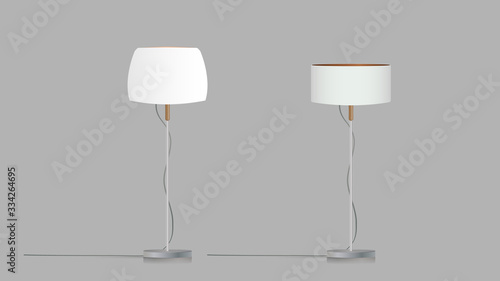 Decorative floor lamp. Original model with a white silk lampshade and a metal leg. For living room, bedroom, study and office. Vector illustration on a gray background.