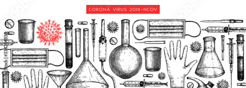 Corona virus research and prevention methods banner. Coronavirus hand drawn design. COVID-19 background with laboratory equipment, medicinal tools, realistic virus drawings. Medical vector template.