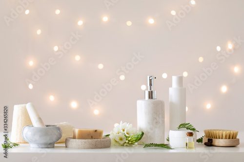 Bathroom interior design. Spa salon with light background. Copy space. Hotel room with Blurred bokeh.