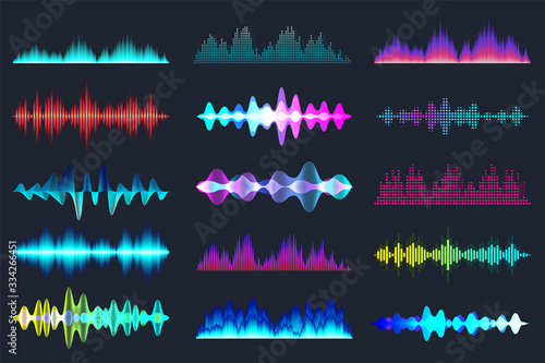 Colored sound waves collection. Analog and digital audio signal. Music equalizer. Interference voice recording. High frequency radio wave. Vector illustration.