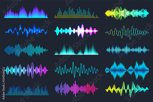 Colored sound waves collection. Analog and digital audio signal. Music equalizer. Interference voice recording. High frequency radio wave. Vector illustration.