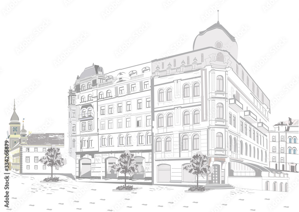 Fototapeta Seria widoków na ulicę na starym mieście. Ręcznie rysowane tło architektoniczne wektor z zabytkowymi budynkami. Czarno-biały szkic