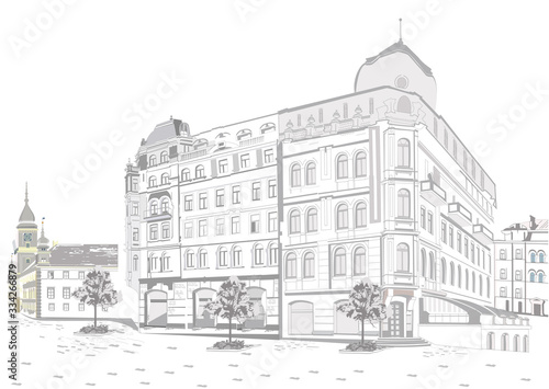 Series of street views in the old city. Hand drawn vector architectural background with historic buildings. Black & white sketch