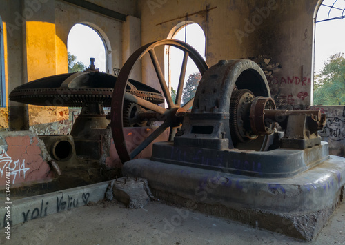 Turbines for generating electricity in one of the largest hydro power plants in the Balkans collapses, built in 1899, vandalized with graffiti. 