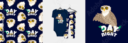 Seamless pattern and illustration for kid with owl, Day and night