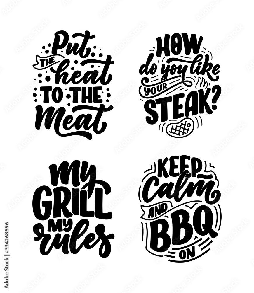 Set with Bbq fun slogans, great design for any purposes. Lettering for family dinner design. Funny print, poster and banner with phrase about barbeque. Vector Set with Bbq fun slogans, great design for any purposes. Lettering for family dinner design. Funny print, poster and banner with phrase about barbeque. Vector