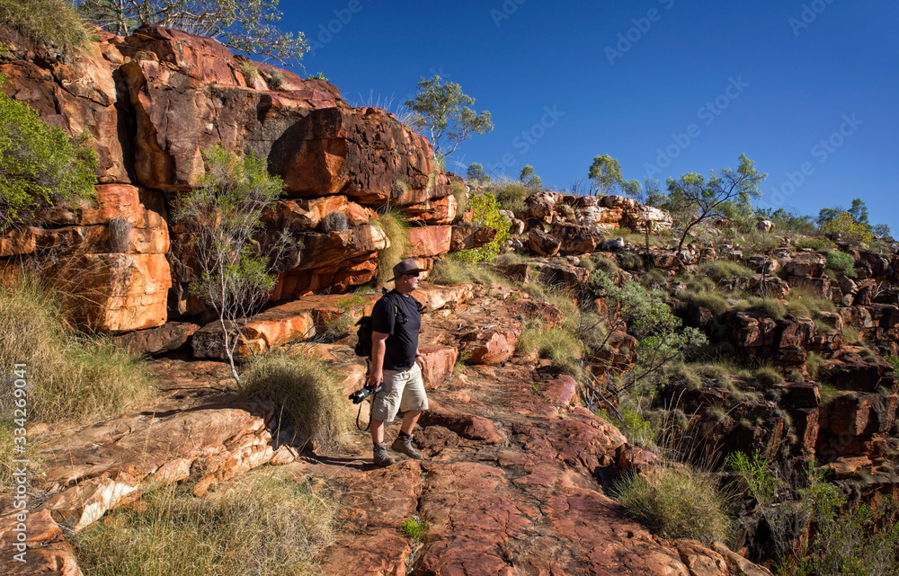 Nature photographer on a hiking trip at the Australian outback at rocky environment between Eucalyptus tree, grass and boulders with blue sky as background