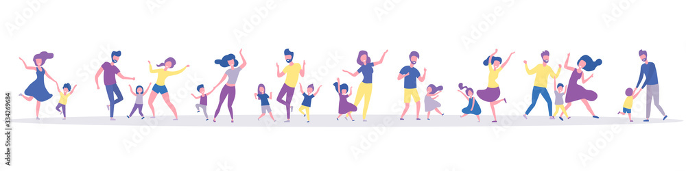 Set of dancing families. Happy parents and children. Family dance. Flat style Set of dancing families. Happy parents and children. Family dance. Flat style
