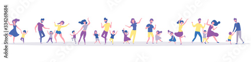 Set of dancing families. Happy parents and children. Family dance. Flat style