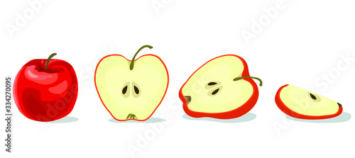 red set sliced apples half and quater apple fruit isolated on white background