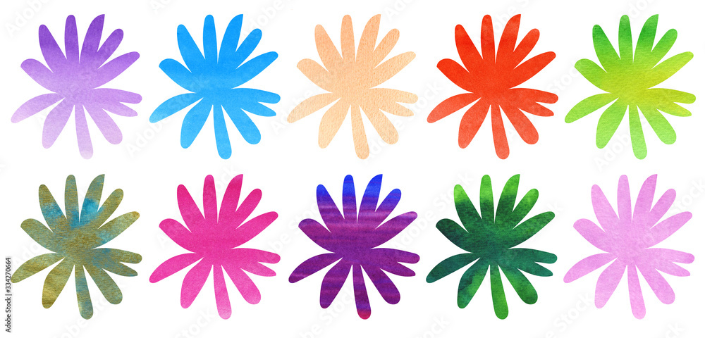 Hand drawn watercolor daisy flowers. Set of multi-colored design elements. Perfect for floral ornaments, greeting cards, flyers, invitations, paper, textile Hand drawn watercolor daisy flowers. Set of multi-colored design elements. Perfect for floral ornaments, greeting cards, flyers, invitations, paper, textile