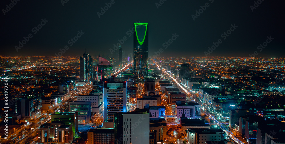 Saudi Arabia Riyadh landscape at night - Riyadh Tower Kingdom Centre - Kingdom Tower – Riyadh Skyline - Burj Al-Mamlaka – AlMamlakah – Riyadh at night - obrazy, fototapety, plakaty 