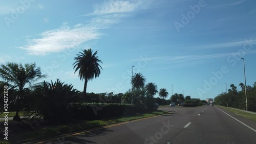 Driving Down Road Past Palm Trees Near Ocean On Bridge 002 