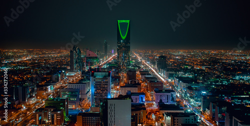 Saudi Arabia Riyadh landscape at night - Riyadh Tower Kingdom Centre - Kingdom Tower – Riyadh Skyline - Burj Al-Mamlaka – AlMamlakah – Riyadh at night