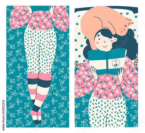 Girl with cat, lies reading book. Literature fan concept vector flat vector illustration