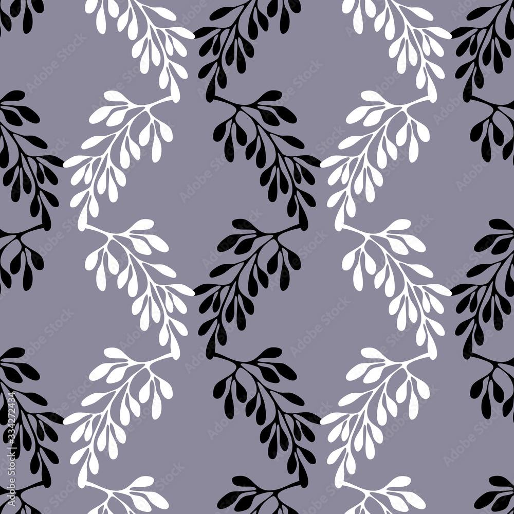 seamless pattern doodle white and black twigs with leaves, natural design element. Freehand sketch in black ink. Doodle art on a gray background for a simple print design on fabric, paper, wallpaper