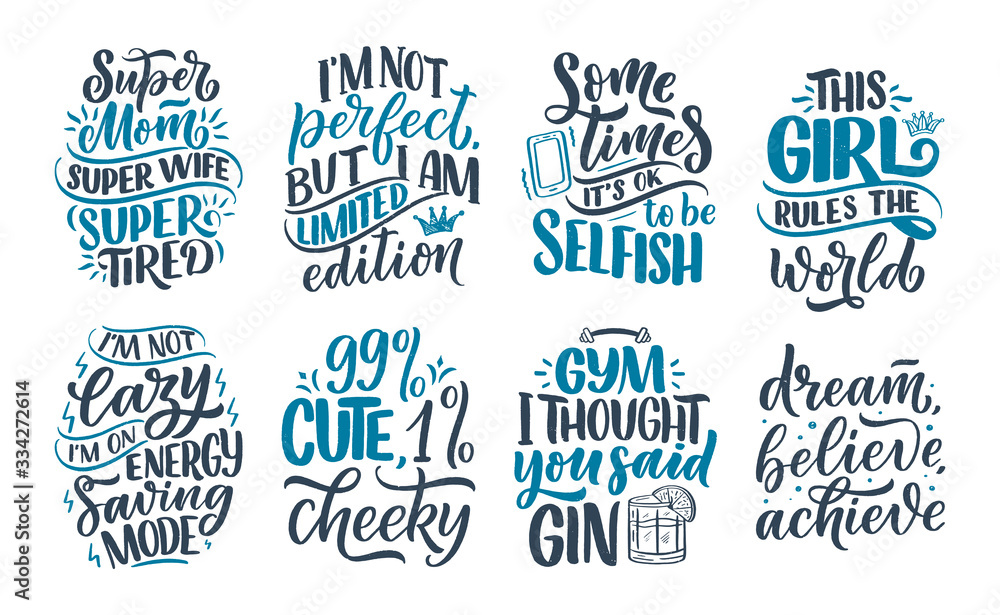 Fototapeta premium Set with funny hand drawn lettering compositions. Cool phrases for print and poster design. Inspirational feminism slogans. Girl power quotes. Greeting card template. Vector