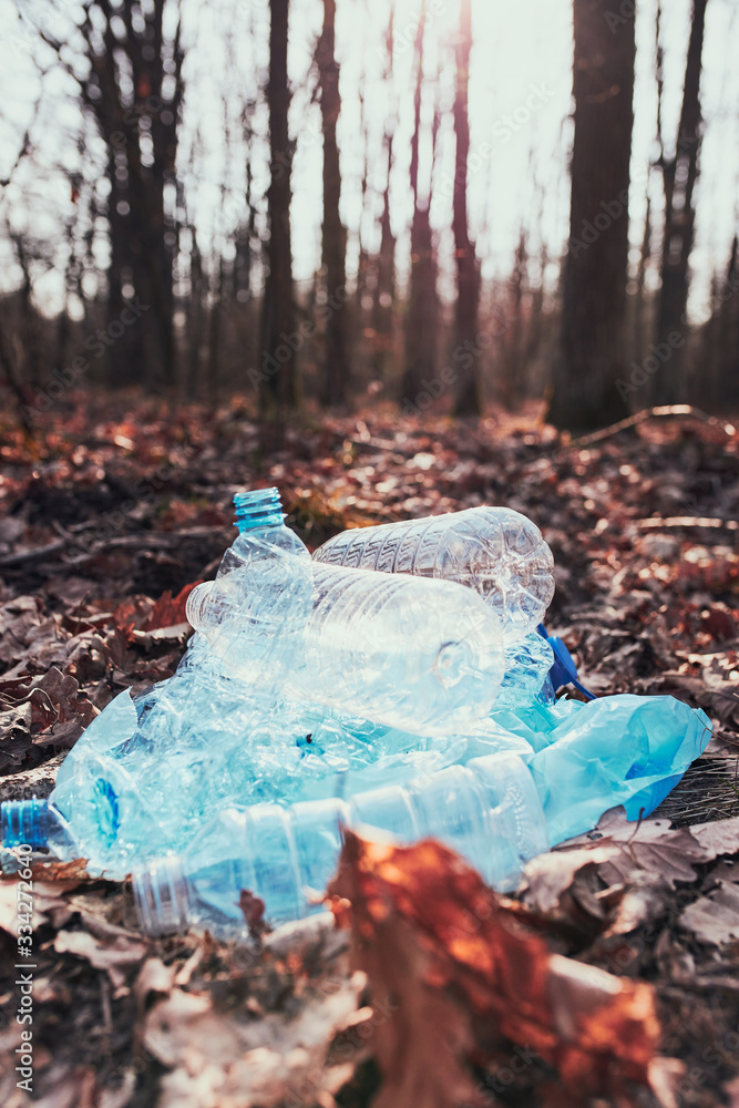 Fototapeta premium Plastic waste left in forest. Concept of plastic pollution and irresponsibility for environment. Environmental issue. Environmental damage