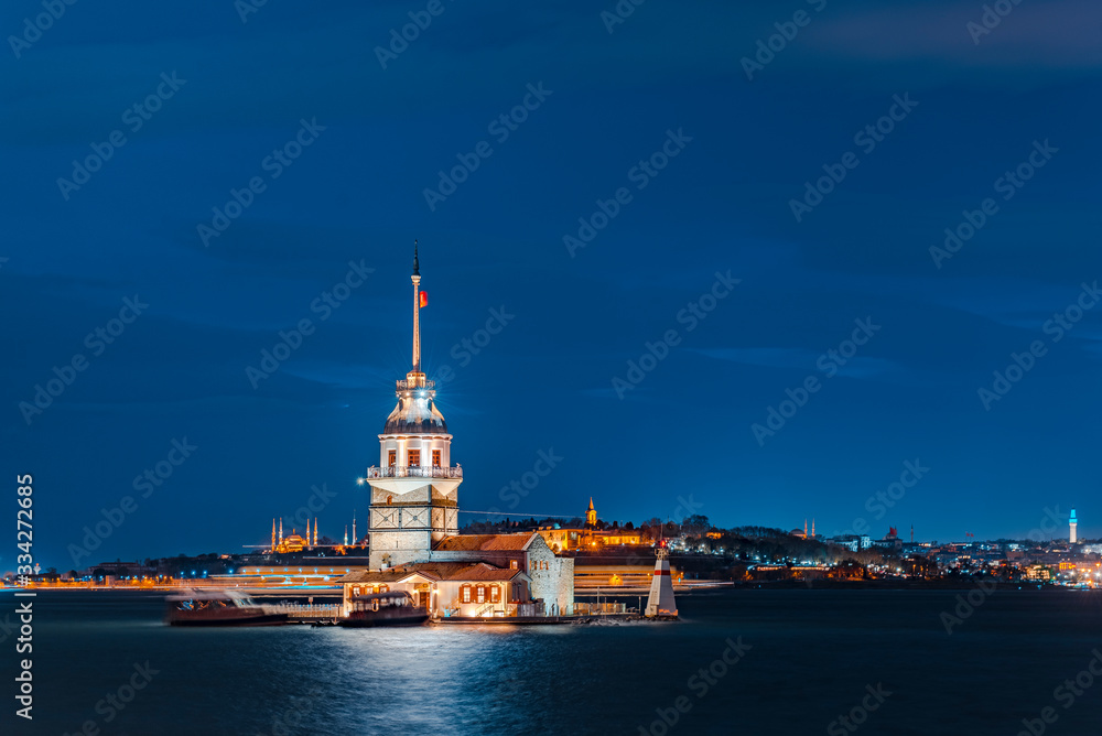 Maiden Tower at Night, Blue Sky - Istanbul , Turkey - Kiz Kulesi / Leander's Tower / Tower of Leandros - Uskudar, Bosphorus