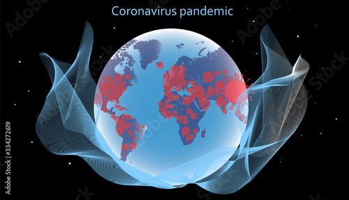 Coronavirus pandemic (Covid-19). Vector illustration of the spread of the virus on a world map of the Earth. Global catastrophe and crisis.