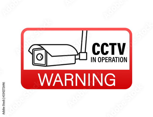 Icon with cctv on white background. Silhouette symbol. Camera icon. Caution warning sign sticker. Closed Circuit Television, CCTV. Vector stock illustration.