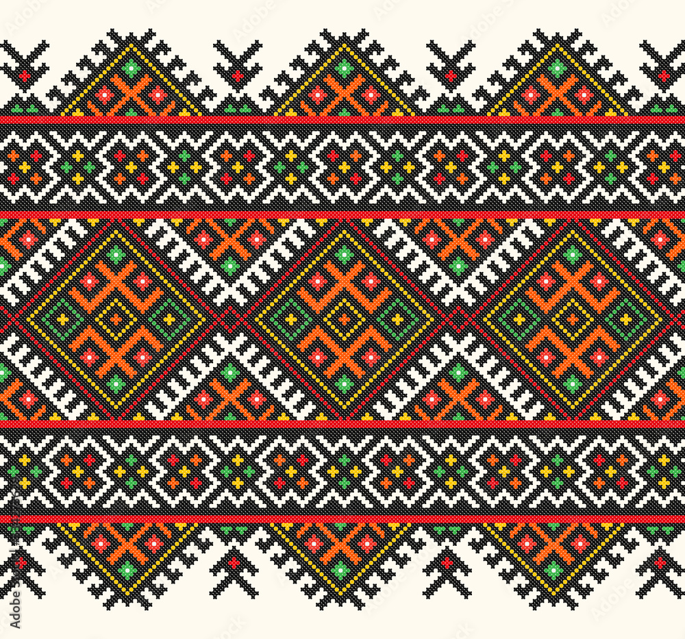 embroidered good like old handmade cross-stitch ethnic Ukraine pattern. Ukrainian towel with ornament