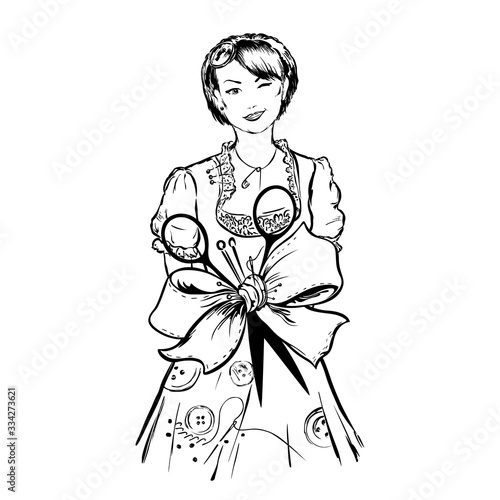 Tailor female dressmaker girl with sewing equipment around talia ribbon bow is tied together folded wiht needles, thread, scissors on white background