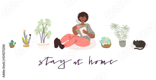 Woman reading from her tablet while staying at home for quarantine. Vector art in minimal style. Handwritten phrase.
