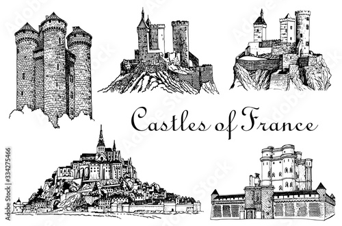 Graphical set of France castles isolated on white background,vector illustration