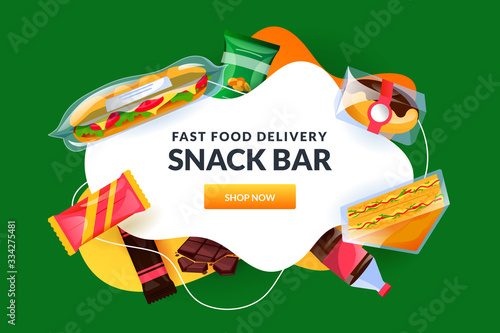 Snack bar white frame with sandwich in packet, packages of sweet candy and chocolate. Fast junk food vector background