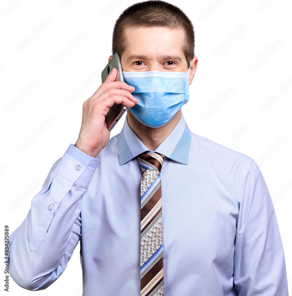Happy man in medical mask, shirt, tie, talking on phone, isolated Happy man in medical mask, shirt, tie, talking on phone, isolated