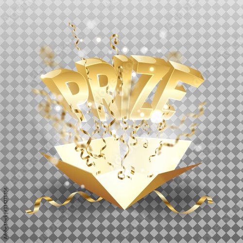 Prize text explosion on box and gold confetti