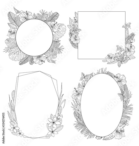Tropical flowers frames set. Black lines on white background. Vector illustration.